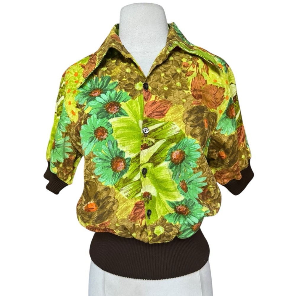 1960s/70s Crepe Cotton Blend Floral Print Dagger Collar Ribbed Sleeve & Waist Fr